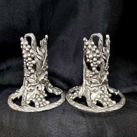 Pair Of 1991 Grape Leaf Seagull Canada Etain Fine Pewter Taper Candle Holders - Picture 3 of 13